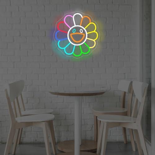 Image of Smiling Sunflower Neon Sign for Wall Decor, LED Neon Wall Art for Room Decor Aesthetic, Cute Rainbow Flower Neon Light Sign, Inspirational Positive Gifts for Friends, 14 inchx13.8 inch