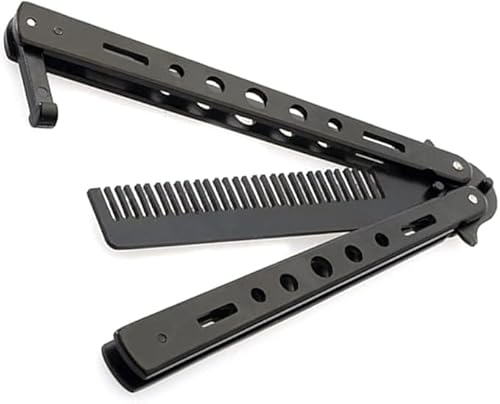 バタフライナイフ型 くし 櫛 髪 高炭素鋼 刃なし 練習刀 ポータブル 折りたたみ 持ち運び 携帯 コンパクト ポケットサイズ 理髪美容 (ブラック)