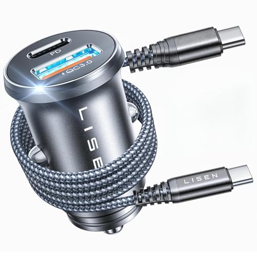 LISEN Car Charger Fast Charge 69W Cigarette Lighter USB Charger [All Metal & Smallest] Car Van BMW Accessories Interior, 12V Car USB C Adapter Socket Gadget for iPhone 17 15 16 samsung s26 i