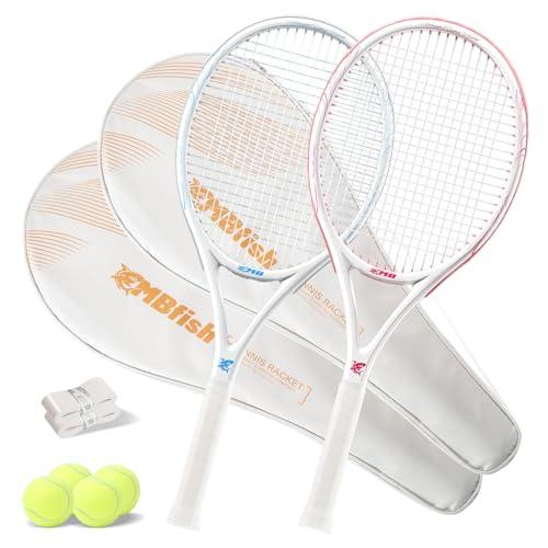 MBFISH Tennis Racket - Super Value Set with Pre-Strung, 27'' Tennis Racquet for Beginner, Comfortable Handle, Includes 4 Tennis Balls, 2 Overgrips and 2 Tennis Bag (Pink Blue)