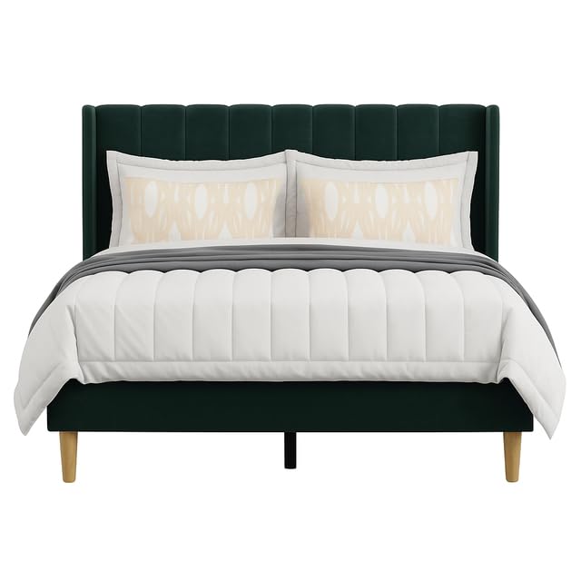 Image of Wooden Upholstered Bed King Size Without Storage | Wrought Iron King Size Cot with Headboard | Double Size Bed for Bedroom | Palang Furniture for Guest Room, Dark Green, (Dark Green)