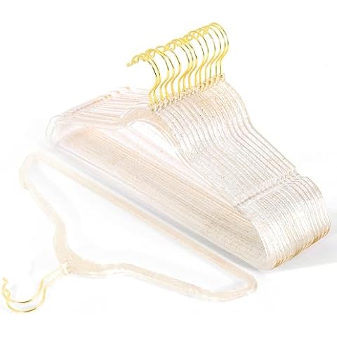 20 Pcs Gold Glitter Sparkle Hangers, Ultra-Thin Acrylic Glitter Hangers for Dresses and Suits - Non-Slip Space-Saving Clothes Hangers (Gold) Cover
