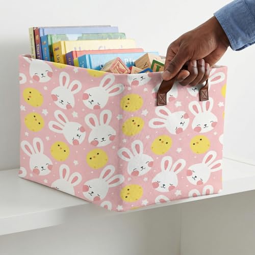 Image of Large Cute Easter Basket for Kid Empty Gift Baby Rectangle Storage Bin Bunny Eggs Boy&Girl Room Decor (Rabbit Chicken Star Pink)