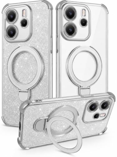 Mobigon Glitter Phone Case Compatible with Xiaomi Redmi Note 14 4G (Not 5G), Magnetic Ring Stand Shockproof Cover, Clear Soft TPU Bumper with Full Camera Protection - Silver