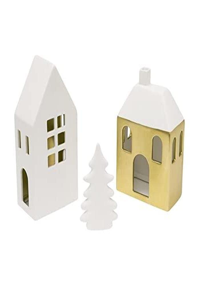 Gartner Studios Style Me Pretty Tealight Holder Houses Set, Holiday Decorations, White and Gold, 3 Pieces