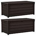 Keter 2 Pack Storage Bench, Weatherproof Resin Outdoor Backyard 120 Gallon Deck Box, Brightwood, Brown