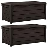 Keter Brightwood 120 Gallon All Weather Weatherproof Resin Outdoor Backyard Patio Porch Garden Deck Storage Bench with Easy Lift, Brown (2 Pack)
