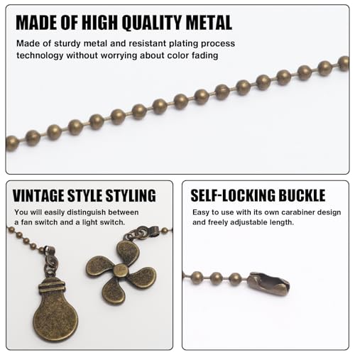 2 Pack Ceiling Fan Pull Chain Extender, 12 Inch Ceiling Fan Chain Pulls, Fan Pull Chain Extension with Fan and Bulb Ornaments, Pull Chains for Ceiling Fans and Lights, Bronze