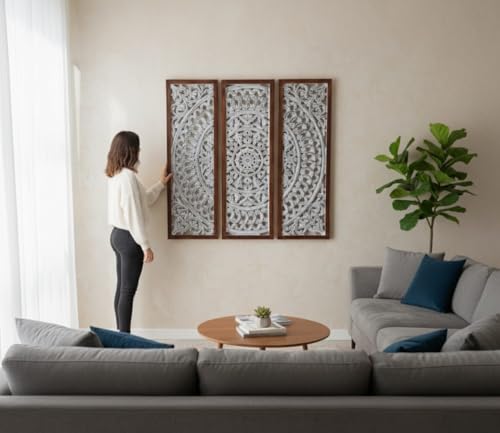 Image of Wall panel Floral MDF Wall Decoration Panel, Hanging Wood Carving Wall Decoration Panel for Living Room, Bedroom, Hallway, Office Wooden Wall Hanging Plaque, Wood Carving (Rectangular Gray)