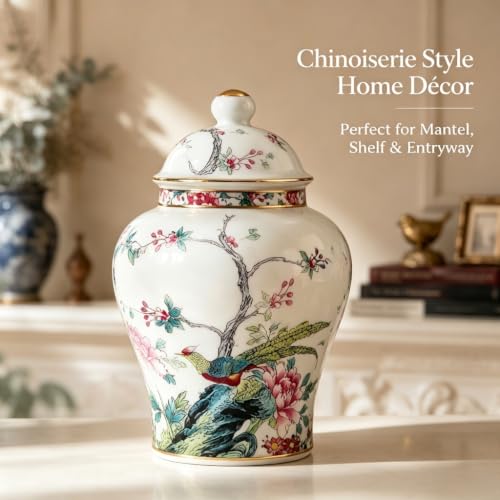 Image of Goaste 7.68 inch Chinoiserie Porcelain Ginger Jar with Lid, Airtight Vintage Ginger Jars with Gilt Edges, Hand-Painted Floral Bird Decorative Vase for Tea Candy Sugar Herbs, Kitchen Coffee Table Shelf