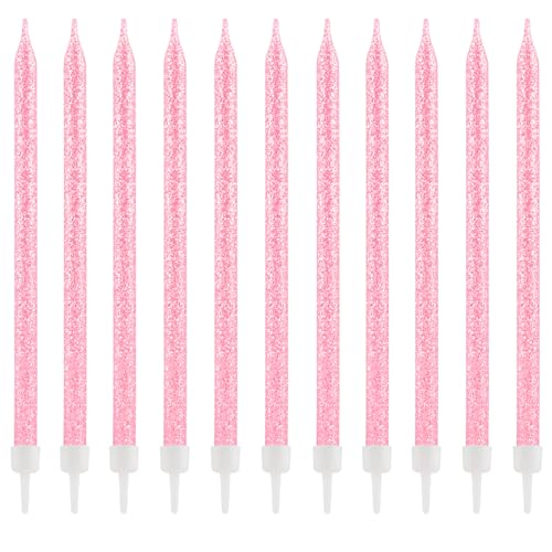 Zi Lan 24-Count Glitter Long Thin Birthday Candles, Pink Long Stick Cake Toppers Set for Birthday Party Wedding Anniversary Decorations Supplies
