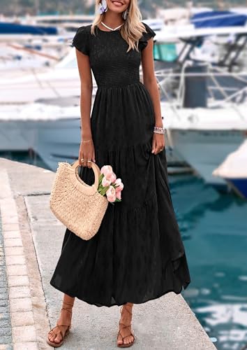 PRETTYGARDEN Wedding Guest Dresses for Women 2025 Summer Floral Cap Sleeve Smocked A Line Long Elegant Party Boho Dress2