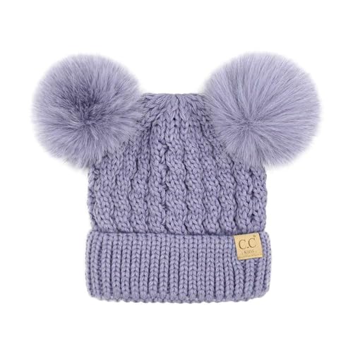 C.C Kids' Cable Knit Double Pom Beanie for Kids - Comfortable Soft Warm Children Youth Skully Hat with Pom