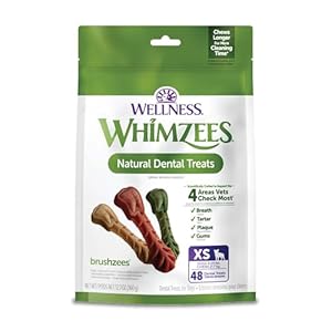 WHIMZEES Wellness Brushzees Dog Dental Treats, Natural Chews, Extra Small Size Stick, (48 Count)