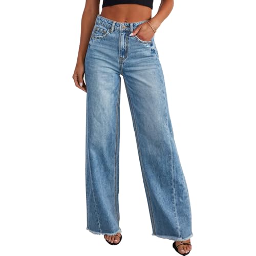 HTD Women's Wide Leg Jeans Casual Baggy Denim Pants with Frayed Raw Hem