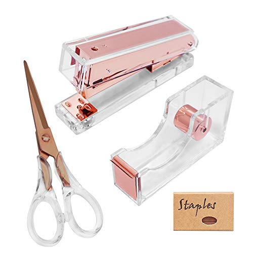 Clear Rose Gold Acrylic Desk Accessories Set Office Supplies, 1-Inch Core Nonslip Tape Dispenser Desktop Stapler with 950Pcs 24/6 26/6 Staples Fabric Paper Scissors Stationery (Rose Gold)
