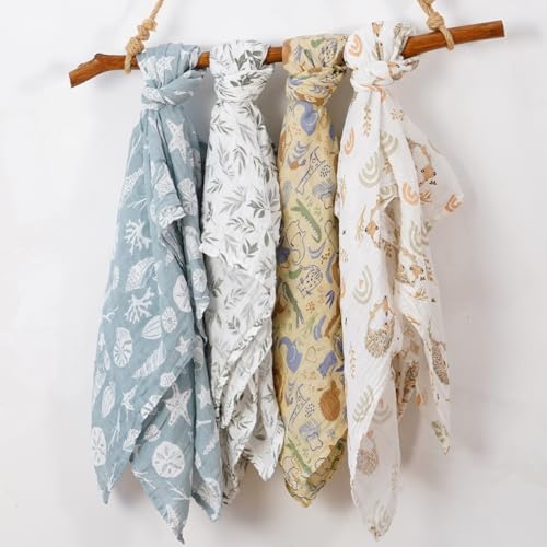 Image of 4 Set Muslin Swaddle Blankets Receiving Blanket for Newborn Baby | Boys, Girls Cute Soft Print Baby Towel Wrap 120x110cm Baby