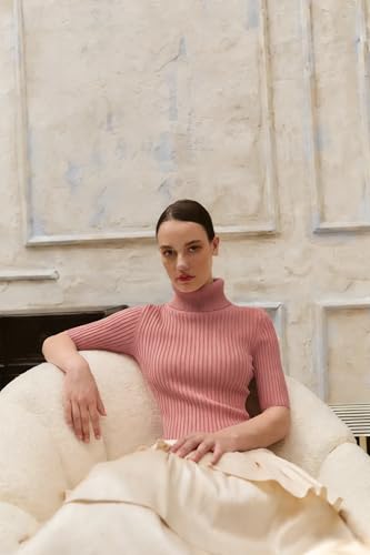 Image of v28 Women Turtleneck 1 /2 Half Sleeve Highly Stretchy Ribbed Knit Fitted Sweater