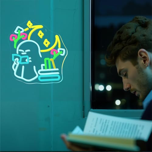 Image of Reading Ghost Neon Sign, Classroom Neon Light, Library & Reading Nook Decor, Study Corner Aesthetic Sign, Back to School Teacher Gift, LED Wall Decor for Bedroom