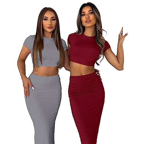 Image of Women 2 Piece Bodycon Maxi Skirt Set & Crop Top Summer Outfits | Soft Stretchy Fabric, Slim Fit, Short Sleeve, High Waist, Casual Lounge Matching Sets, Dressy Vacation Outfit, Date Night