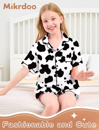 Mikrdoo Girls Pajamas Set Soft Silk Satin Pajamas 2 Piece Short Sleeve Sleepwear Gifts for Kids Size 3-14 Years4