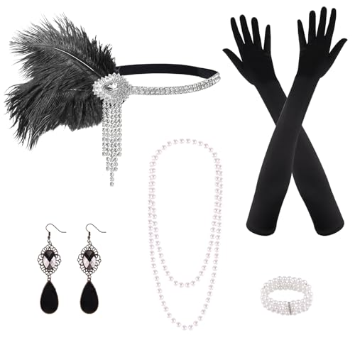 PLULON 8 Pieces 1920s Flapper Great Gatsby Accessories Set Fashion Roaring 20's Theme Set with Headband Headpiece Long Black Gloves Necklace Earrings for Women(Style 3) by PLULON - Used condition - US$11.92