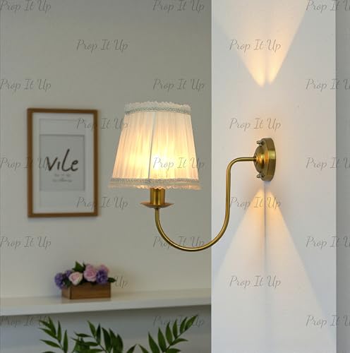 Image of Prop It Up Vintage Wall Sconce Light with White Fabric Shade for Home, Golden Antique Finish Wall lamp for Bedroom, E27 Holder, Metal Frame, Indoor Lighting, Bulb not Included