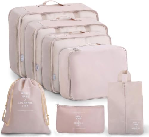 Image of Travel Packing Cubes 7 Pcs Set with Laundry Bag | Portable Luggage Organizer Bags for Clothes, Shoes & Toiletries | Lightweight Foldable Travel Storage Set