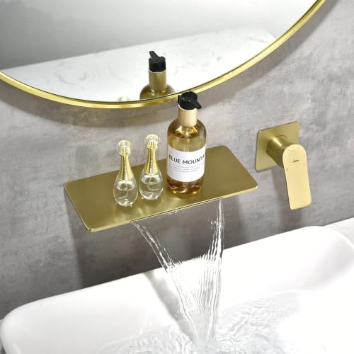 Image of AQUIEEN Plato Wall Mounted Waterfall Basin Mixer Tap | Modern Single Lever Concealed Basin Faucet | Contemporary Bathroom Sink Mixer (Brushed Gold)