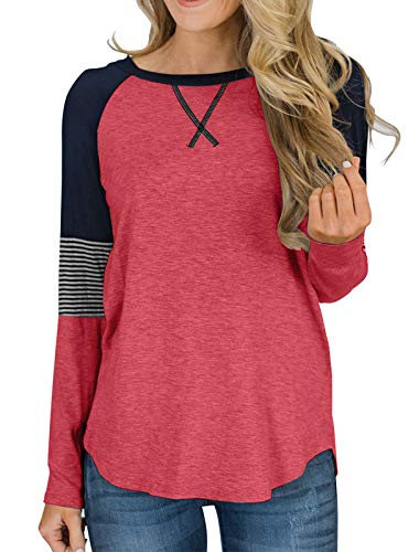 Hilltichu Womens Color Block Round Neck Tunic Tops Casual Long Sleeve Shirt Blouse Peach