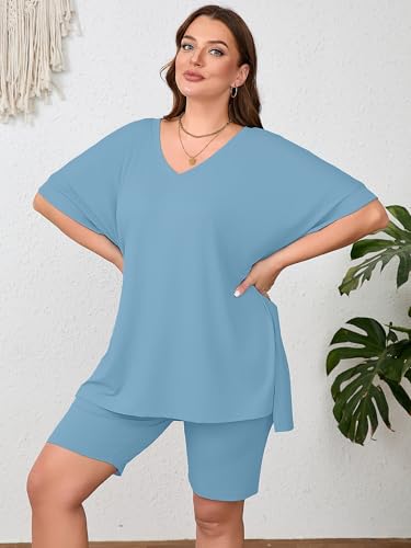 Image of AusLook Women's Plus Size 2 Piece Short Outfits Set Short Sleeve Tops and Shorts Pants Lounge Jogging outfits Matching Set