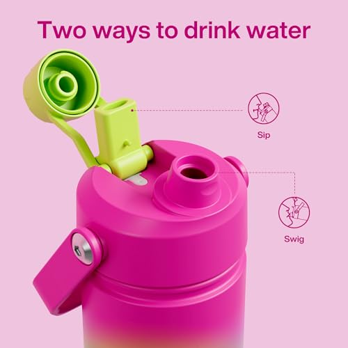 Image of Kids Insulated Water Bottle with Straw - 12oz Stainless Steel Water Bottle with Dual Spouts, Leak-Proof, BPA-Free, Double Wall Vacuum Keeps Cold for 24 Hours for Sports, Travel, School (Lime Sorbet)