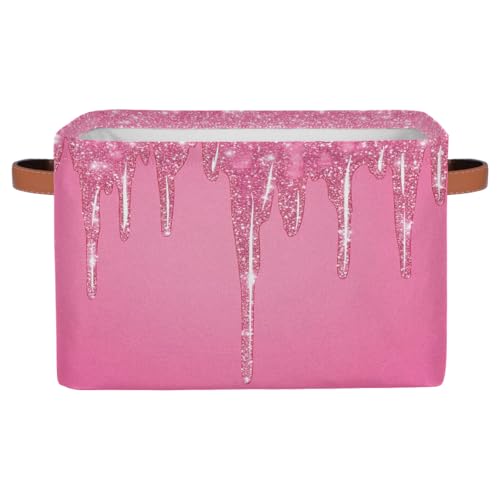 Image of Pink Sparkly Storage Baskets for Organizing, Fabric Collapsible Storage Bins Box Pink Glitter Decorative Toy Organizer Baskets for Closet Shelves Gift Basket 1 Pc