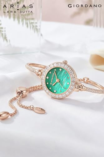 Image of Giordano Arias Lara Dutta Signature Collection Analog Quartz Watch for Women with Mother-of-Pearl Dial, Baguette-Cut Crystal Studded Bezel and Adjustable Chain Bracelet Strap