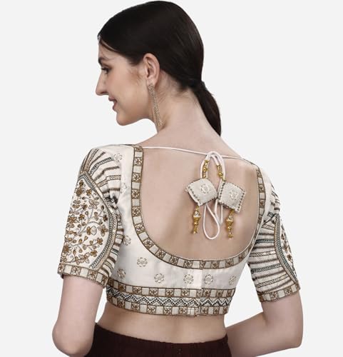 Image of Pujia Mills Mills Women's Fancy Readymade Heavy Coding Embroidary Worked Half Sleeve Multicolor Saree Blouse(Mushroom)