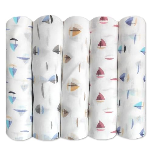 Image of TRANCE Home Linen Super Soft Cotton Malmal Swaddle Cloth | Single Layer Swaddle Wrap | Multipurpose Baby Blanket (100x100 cm, White Boats, Pack of 5)