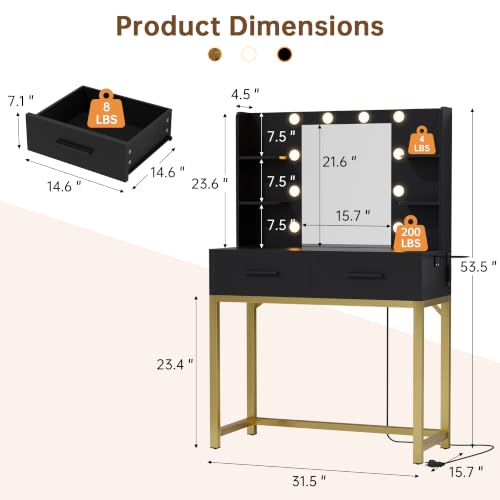 Image of YESHOMY 31.5'' Small Vanity Desk with LED Mirror and Lights, Black
