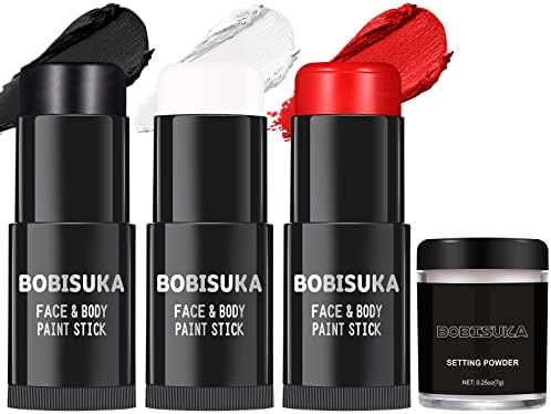 BOBISUKA Black White Red Face Paint Stick with Setting Powder Set Clown Makeup Eye Black Sticks for Sports, Body Paints for Halloween Joker Skeleton Cosplay Special Effects Costume SFX Stage Kit