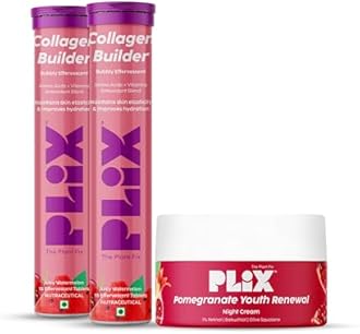 PLIX - THE PLANT FIX | Anti-Ageing Combo with Collagen Builder Bubbly Effervescent 30 Tablets & Pomegranate Youth Renewal Night Cream | For Improved Skin Elasticity & Reduced Wrinkles