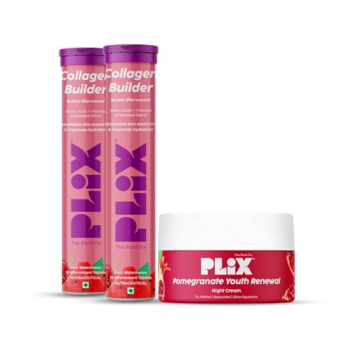 PLIX - THE PLANT FIX | Anti-Ageing Combo with Collagen Builder Bubbly Effervescent 30 Tablets & Pomegranate Youth Renewal Night Cream | For Improved Skin Elasticity & Reduced Wrinkles