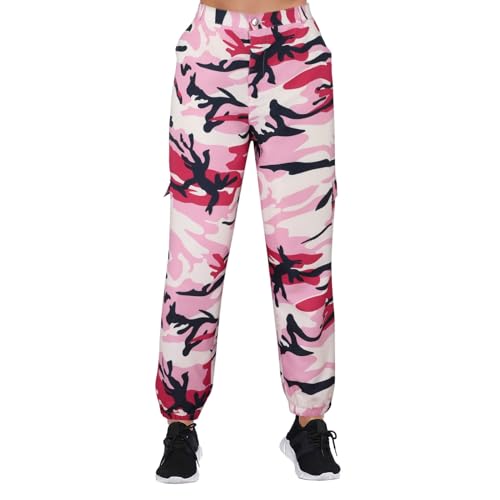 Generisch Pantalones cargo para mujer, pantalones de camuflaje, cintura elástica, informales, multi al aire libre, pantalones cortos para mujer, elegantes, Rosa., XXL
