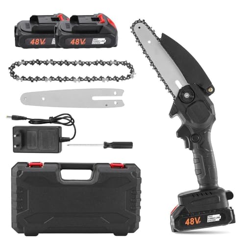 Image of Cordless Wood Cutting Machine for Home Cordless 6 Inch Battery Powered Electric Chainsaw with 2 Battery and Chain Portable Handheld One Hand Pruning ChainSaw (Double Battery)