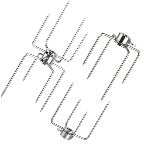 BUYGOO 3 Stück Fleischklammer für Drehspieß, 1 Doppel-Fleischklammer, 2 Vierzinken-Spieße, Fleischnadeln für Grillspieß Edelstahl, für 12 mm Sechseckige, 8–10 mm Quadratische & 13 mm Runde Grillspieße