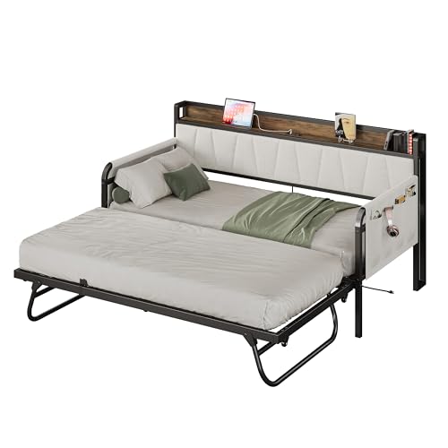 LIKIMIO Daybed with Trundle Bed, Twin Bed Frame with Storage Headboard and Charging Station, Sofa Day Bed with Strong Supports for Living Room, Bedroom, and Guest Room, Beige