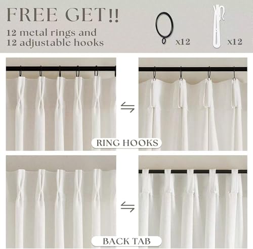 Image of Extra Wide 60 Inch Width Pinch Pleated Curtains 96 Inch Length for Living Room Thick Linen Boho Curtain Memory Shape Light Filtering Privacy for Bedroom Large Windows Hooks Rings Cream 1 Panel 60x96