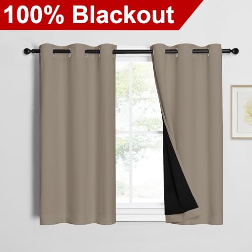 Image of NICETOWN 100% Blackout Short Curtains with Black Liners, 2 Panels, 37 inch W by 40 inch L, Taupe, Solid Thermal Insulated Full Blackout 2-Layer Lined Drapes, Energy Efficiency Window Draperies for Bedroom