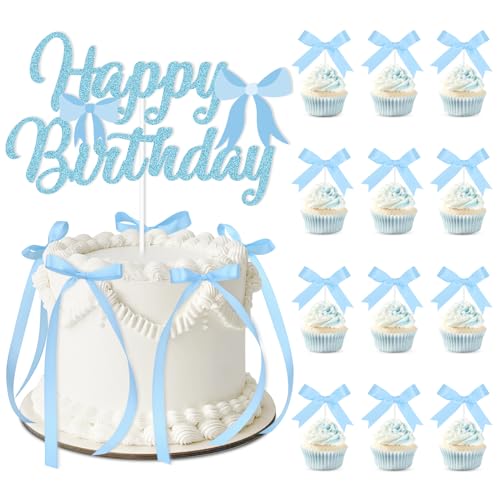 Blue Bow Birthday Decorations with Happy Birthday Sign, 6Pcs Ribbion Bow Cake Topper & 12Pcs Bow Cupcake Toppers, Bow Party Cake Decor, Tying the Knot Bridal Shower Party Supplies