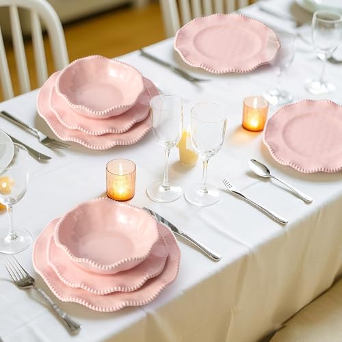 Image of Pink Melamine Dinnerware Sets for 4,Scalloped Plates and Bowls Set with Beaded Edge, BPA Free Dishwasher Safe, Heavy Duty Shatterproof Unbreakable Tableware for Wedding Party Camping Outdoor