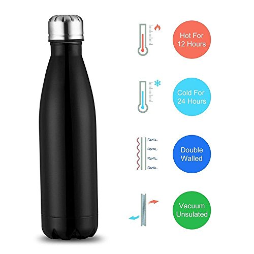 Botellas de vacío KingNew con aislamiento de acero inoxidable termo de agua de doble pared con un cepillo para exteriores (negro, 750 ml)