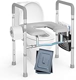 Roylvan Raised Toilet Seat with Handles, HSA 400LB Adjustable Width and Height Elevated Toilet Seat Riser for Seniors with Cozy Padded Armrests Handles Paper Holder Bedside Commode for Elderly, Silver